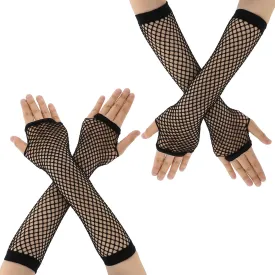 2 Pairs Fingerless Mesh Gloves Fishnet Gloves Long Neon Fingerless Fishnet Gloves Long Fishnet Mesh Gloves Fish Net Arm Sleeves 80s Party Cosplay Costume Accessories, Halloween Accessories (Black)