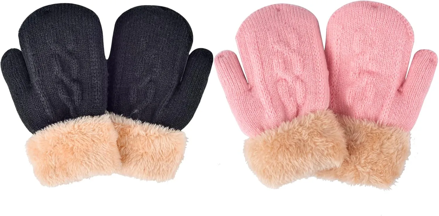 2 Pairs Kids Winter Knit Gloves Boys Girls Warm Thermal Cable Knitted Gloves 2-6-10-14 Year Wool Fleece Lined Mittens