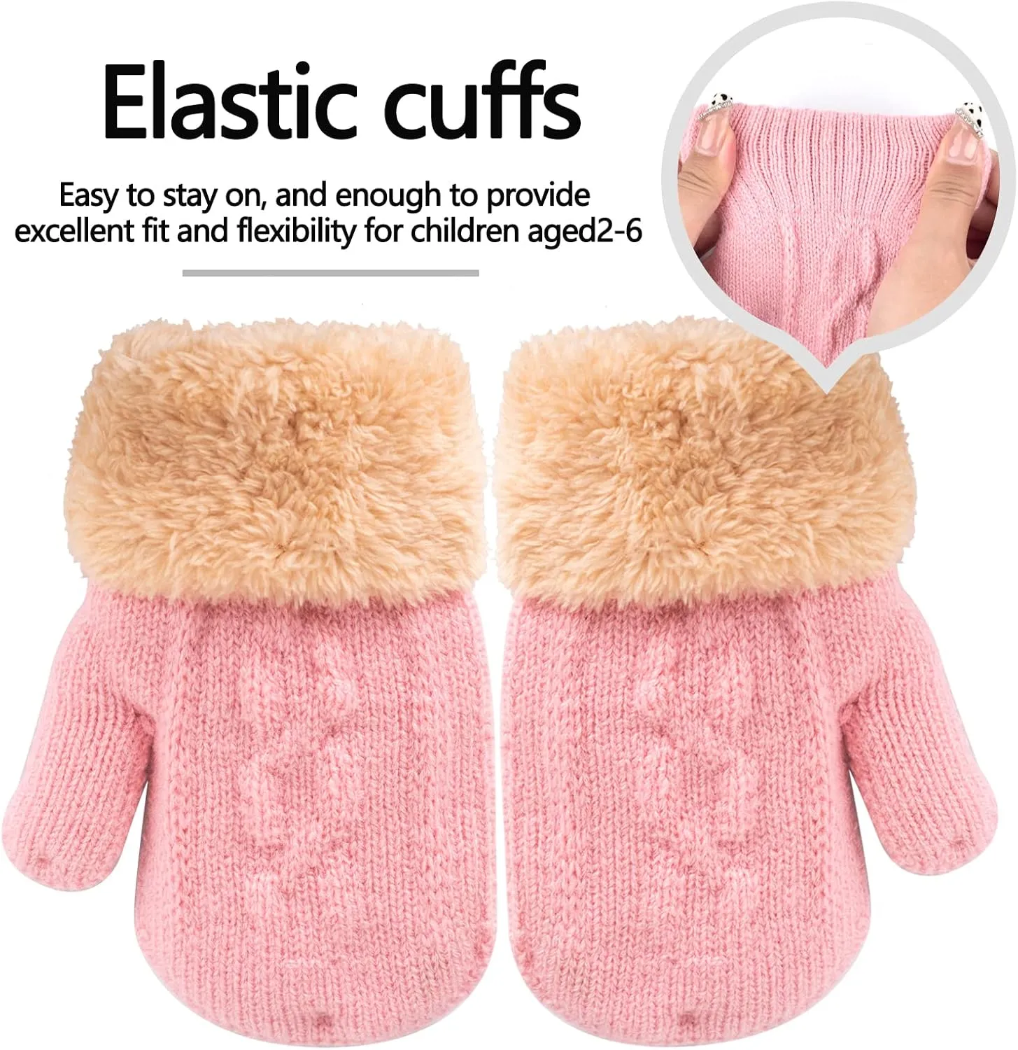 2 Pairs Kids Winter Knit Gloves Boys Girls Warm Thermal Cable Knitted Gloves 2-6-10-14 Year Wool Fleece Lined Mittens