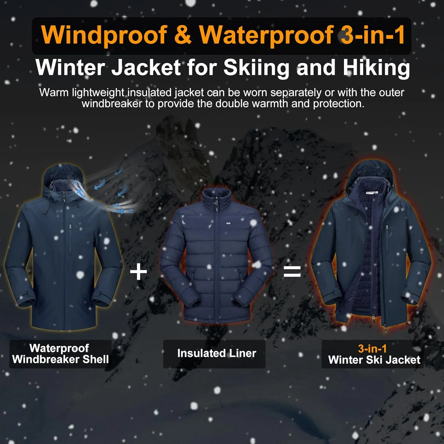 33,000ft Men's Waterproof 3-in-1 Ski Jacket, Warm Mountain Windbreaker Snow Rain Jackets Winter Coat with Puffer Jacket