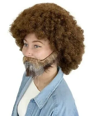 Adult Men's 80's Painter Afro Wig with Full Beard and Mustache Paint Brush and Palette Combo Set, (Adult)