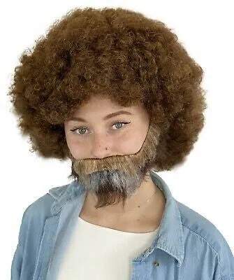 Adult Men's 80's Painter Afro Wig with Full Beard and Mustache Paint Brush and Palette Combo Set, (Adult)