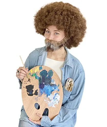 Adult Men's 80's Painter Afro Wig with Full Beard and Mustache Paint Brush and Palette Combo Set, (Adult)