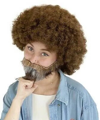 Adult Men's 80's Painter Afro Wig with Full Beard and Mustache Paint Brush and Palette Combo Set, (Adult)