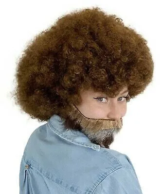 Adult Men's 80's Painter Afro Wig with Full Beard and Mustache Paint Brush and Palette Combo Set, (Adult)
