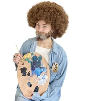 Adult Men's 80's Painter Afro Wig with Full Beard and Mustache Paint Brush and Palette Combo Set, (Adult)