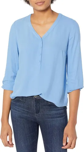 Amazon Essentials Women's 3/4 Sleeve Button Popover Shirt, Loose-Fit V-Neck Blouse