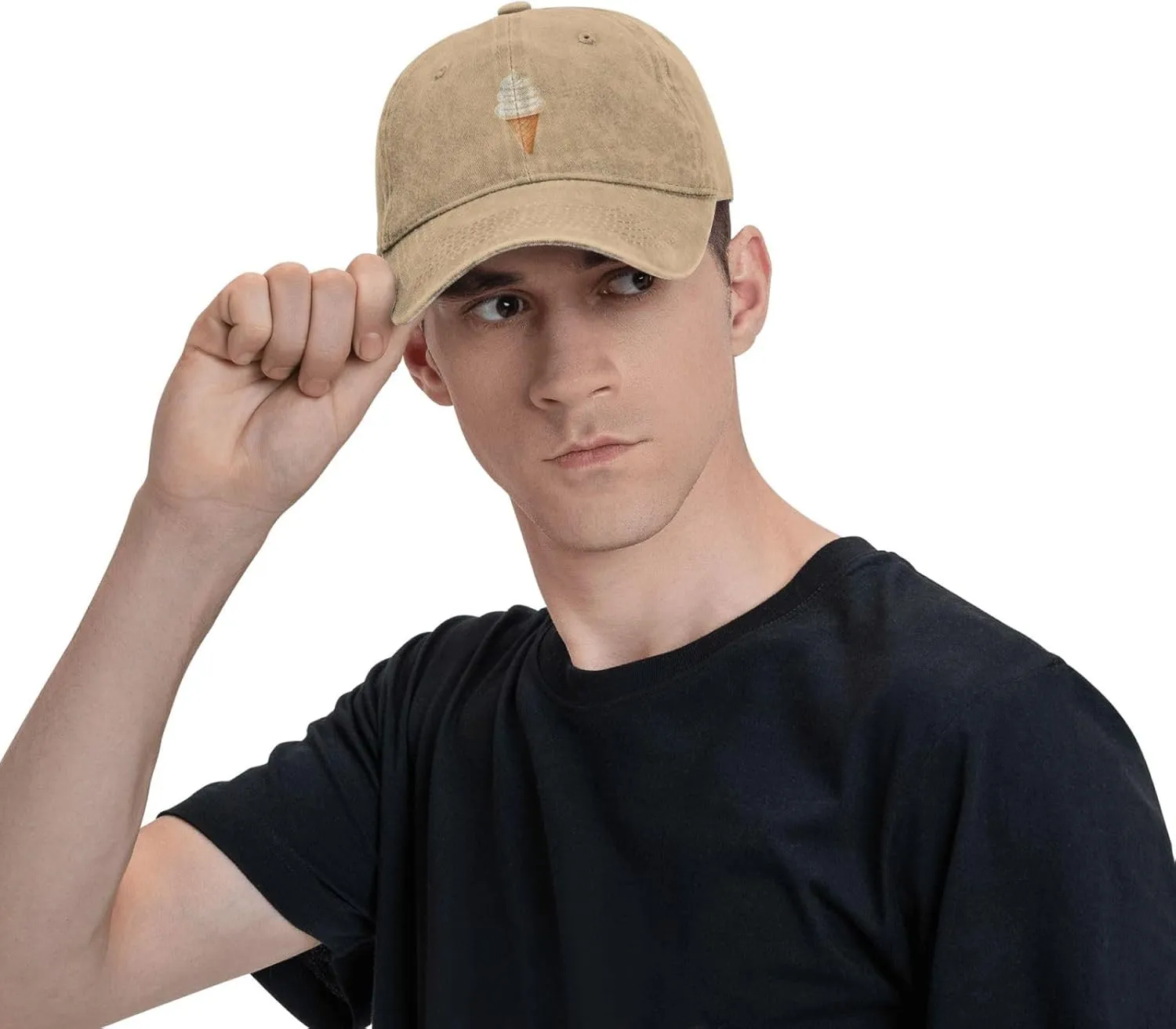 Black Creamy Ice Cream Cone Pattern Washed Cowboy Baseball Cap for Adults - Stylish and Breathable Hat