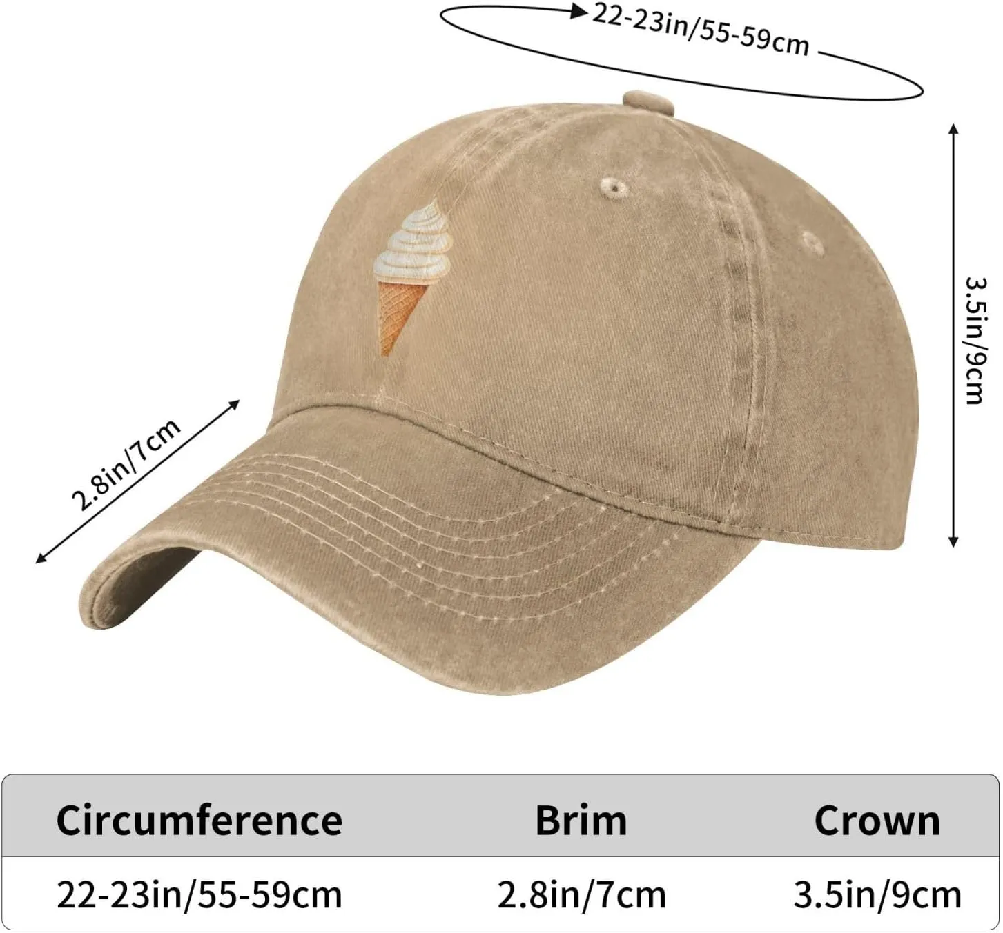 Black Creamy Ice Cream Cone Pattern Washed Cowboy Baseball Cap for Adults - Stylish and Breathable Hat