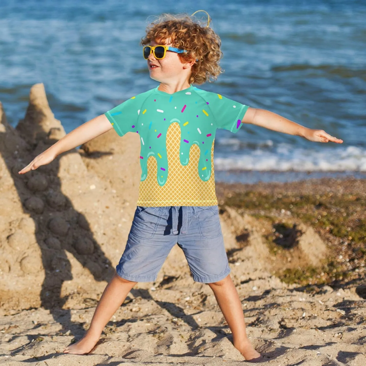 Boys Rash Guard Short Sleeve UPF 50  Christmas Tree Cakes Quick Dry Swim Shirts Swimwear for 3-12Y