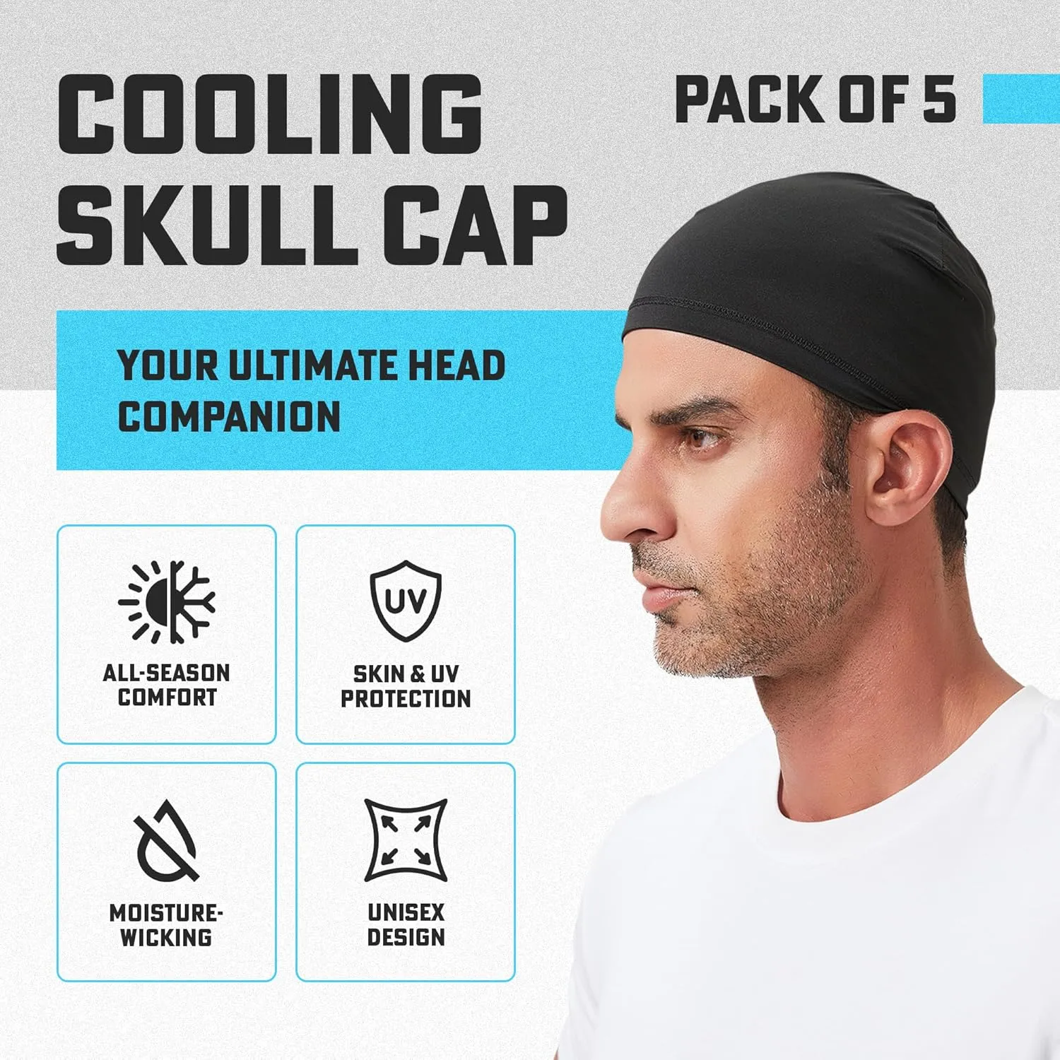 Cooling Skull Cap,Moisture-Wicking Helmet Liner for Running, Cycling,Unisex,Hard Hat Liner - 5-Pk