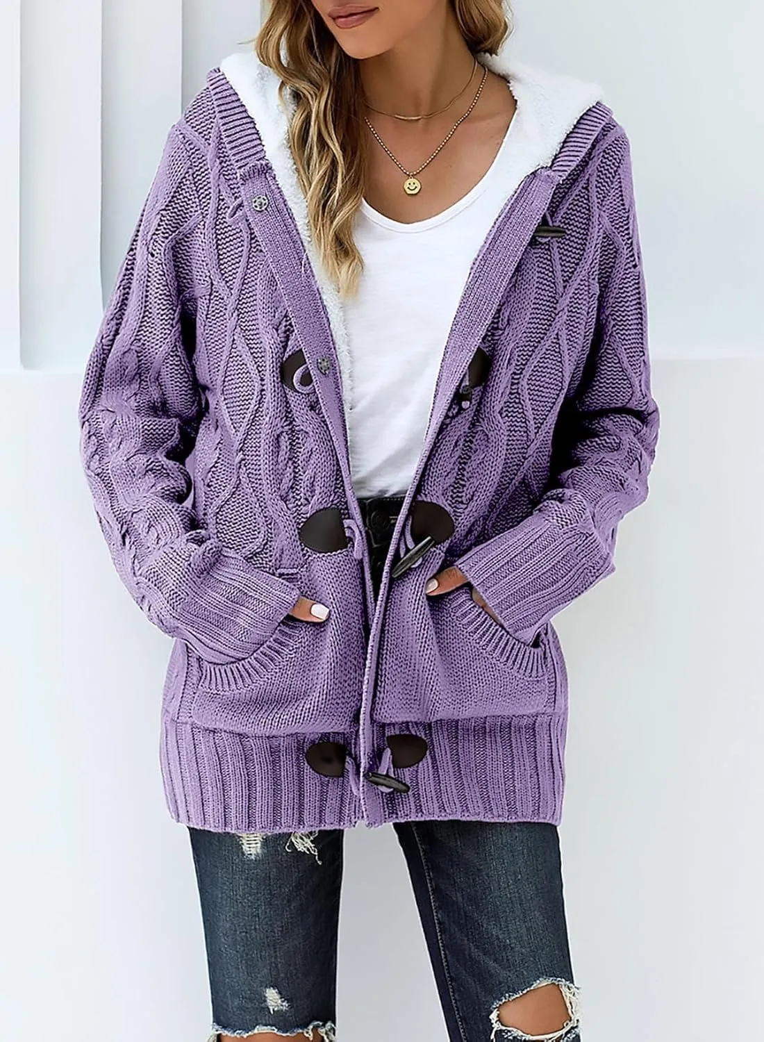 Dokotoo Women's Sweaters Winter Hooded Cardigans Button Up Cable Knit Coats Jackets Outerwear with Pockets
