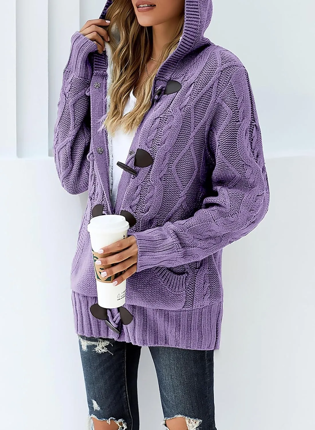Dokotoo Women's Sweaters Winter Hooded Cardigans Button Up Cable Knit Coats Jackets Outerwear with Pockets