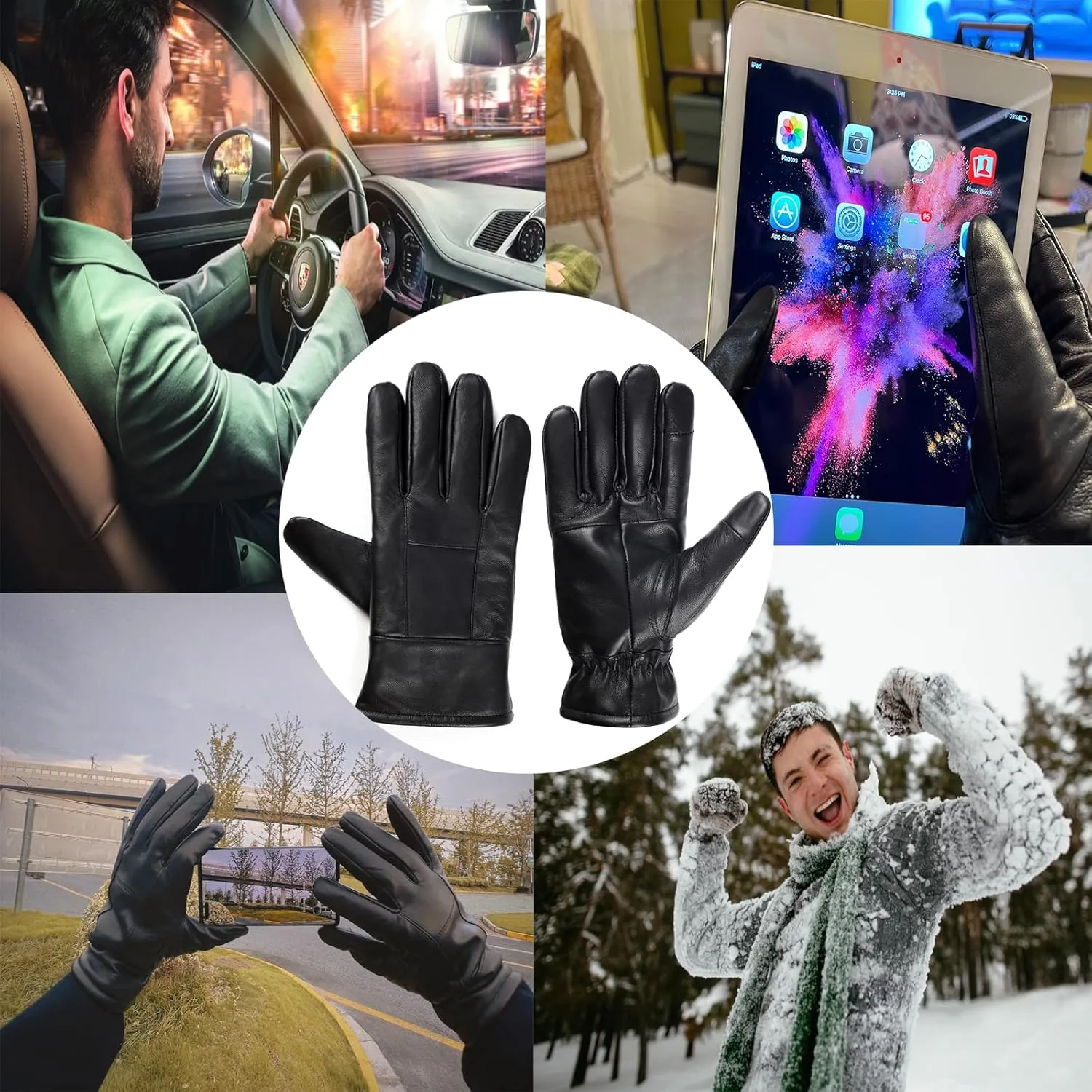 DOOWELL Winter Genuine Sheepskin Leather Gloves for Men,Black Touchscreen Glove,Driving Motorcycle Gloves with Warm Lining