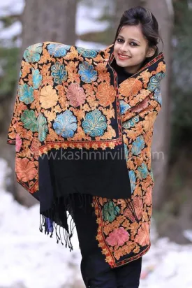 Elegant Black Kashmiri Aari Work Designer Stole Enriched With Floral Pattern