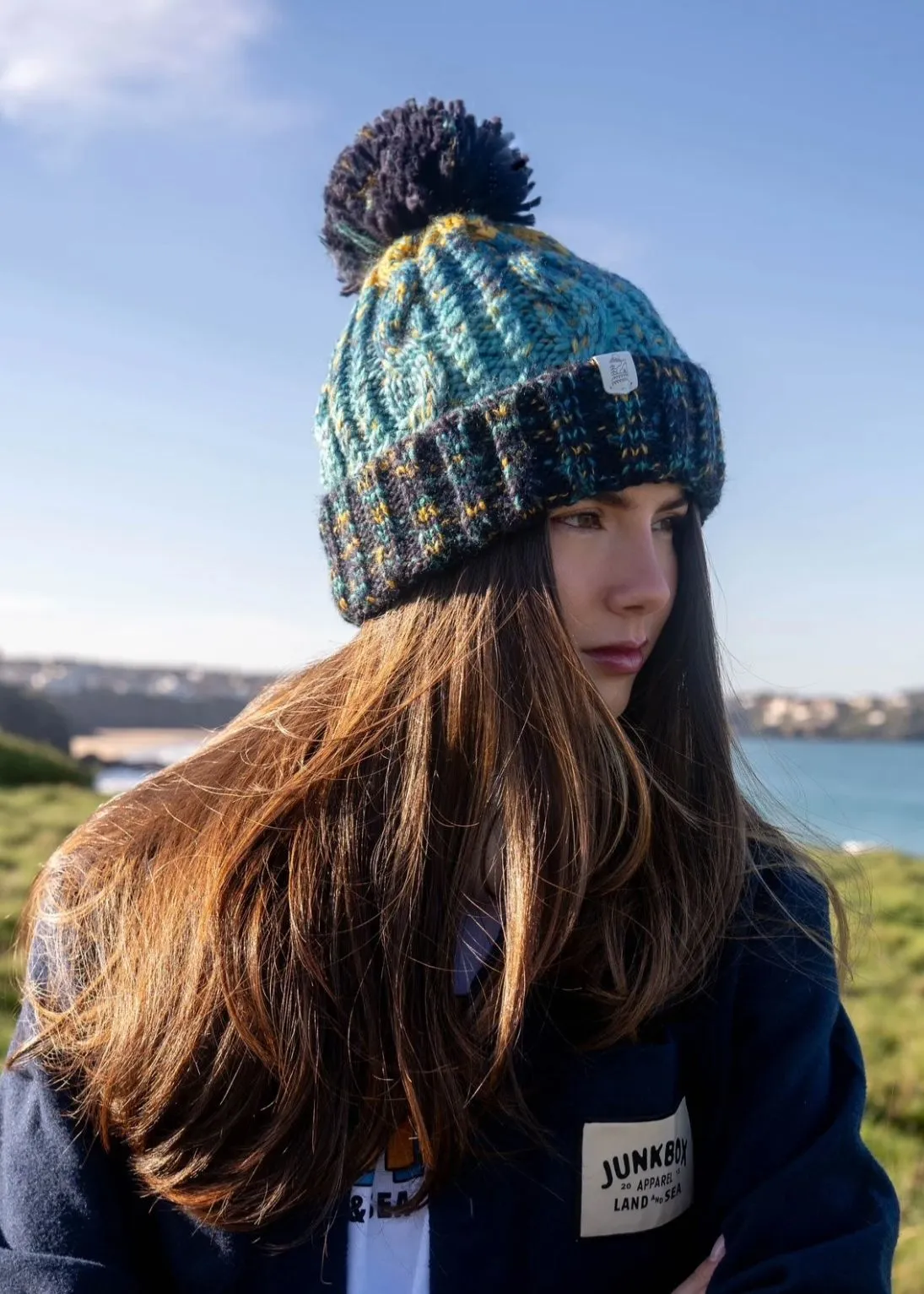 Explorer Pom Bobble Hat in Blue & Yellow