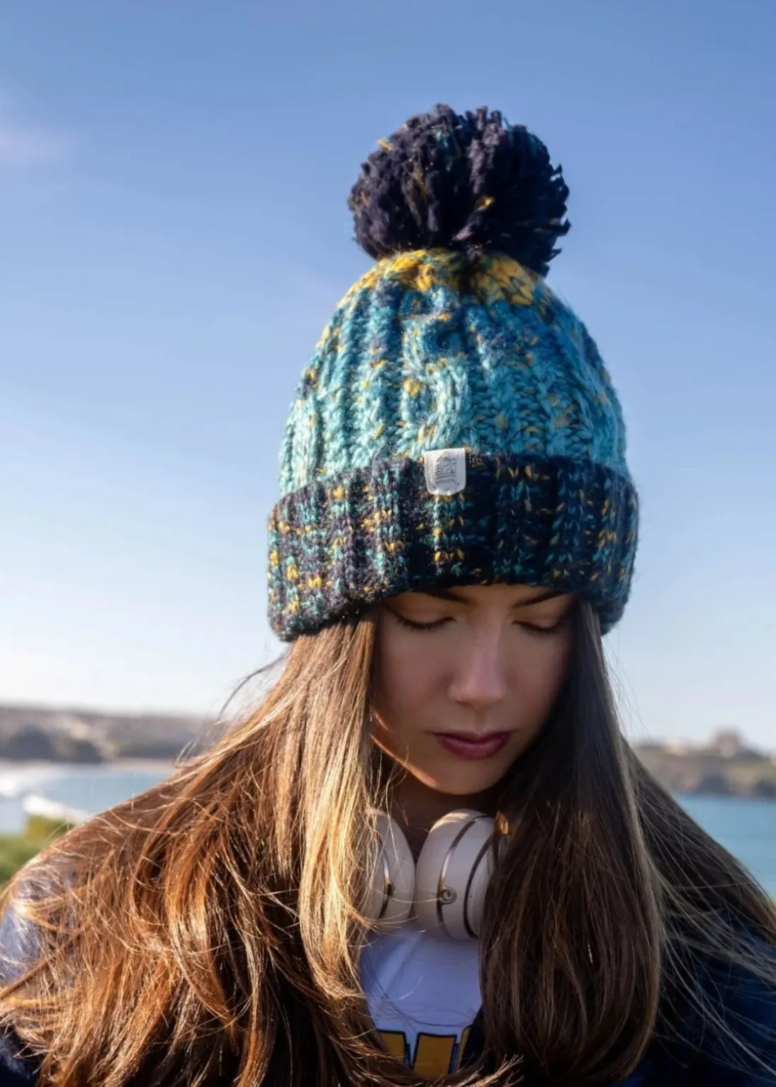 Explorer Pom Bobble Hat in Blue & Yellow