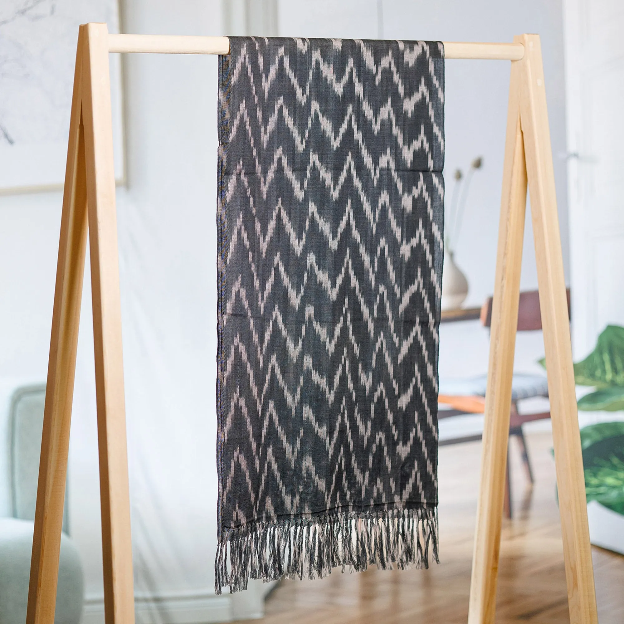 Handwoven Ikat Patterned Blue Cotton Scarf with Fringes - Blue Frequencies | NOVICA