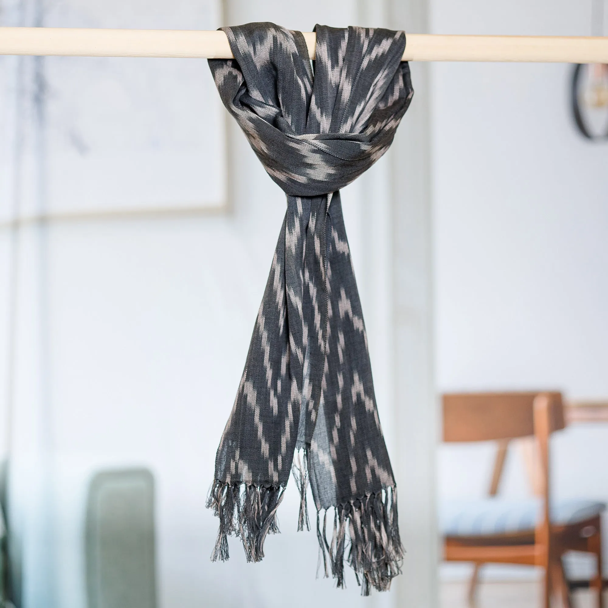 Handwoven Ikat Patterned Blue Cotton Scarf with Fringes - Blue Frequencies | NOVICA