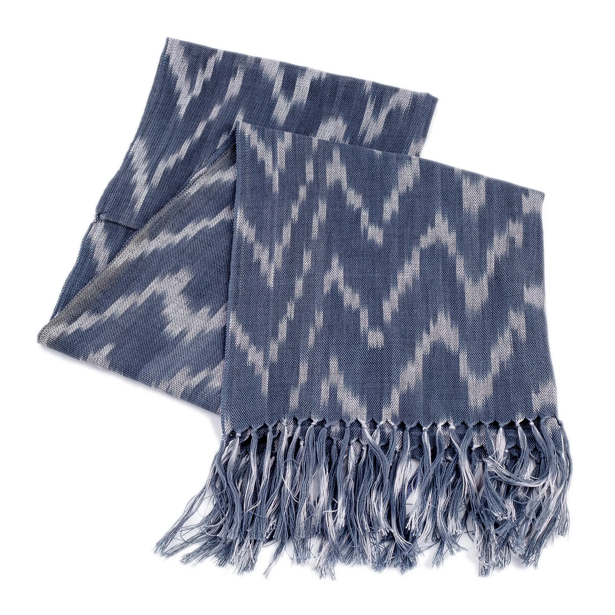 Handwoven Ikat Patterned Blue Cotton Scarf with Fringes - Blue Frequencies | NOVICA