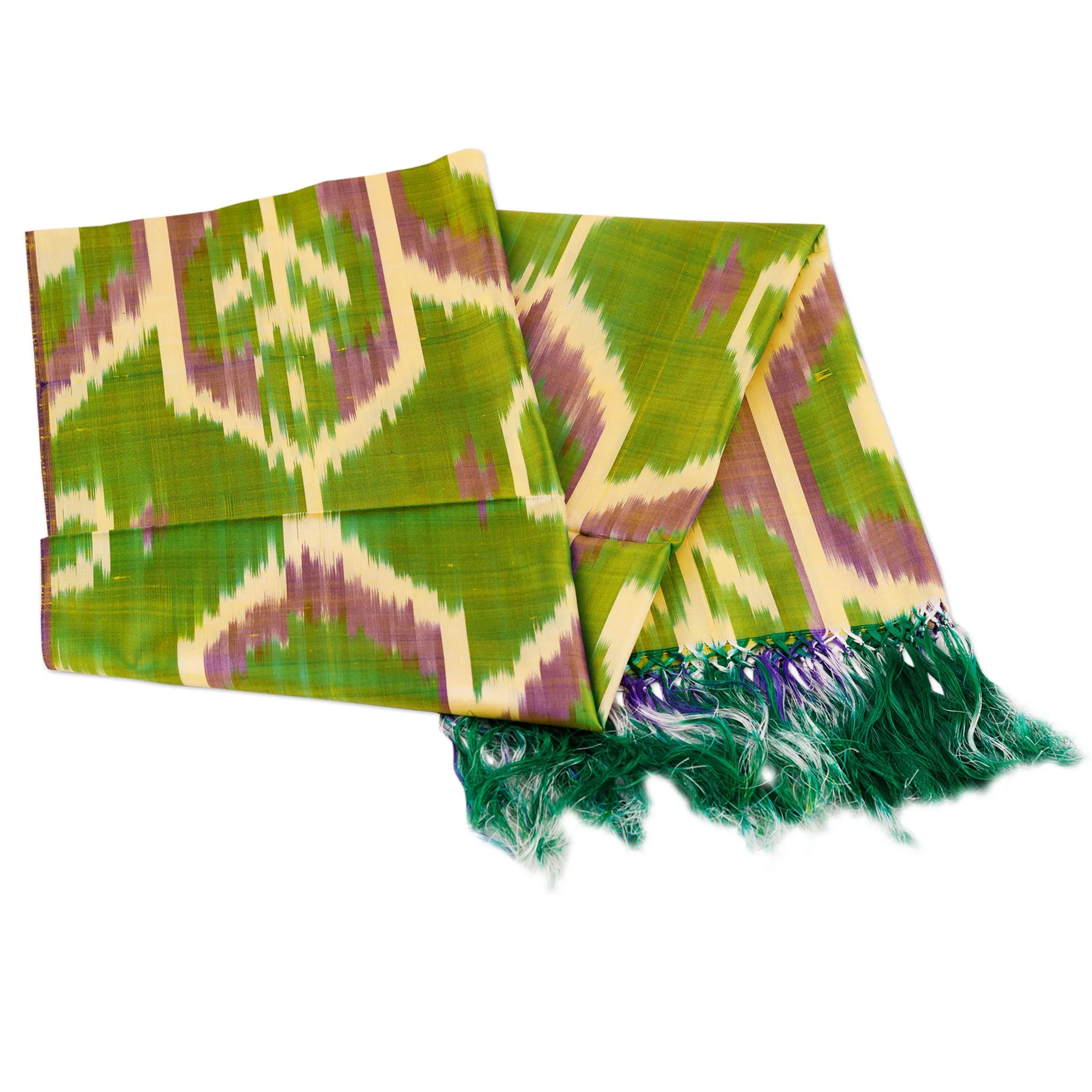 Handwoven Traditional Geometric Green and Yellow Silk Scarf - Forest Oasis | NOVICA