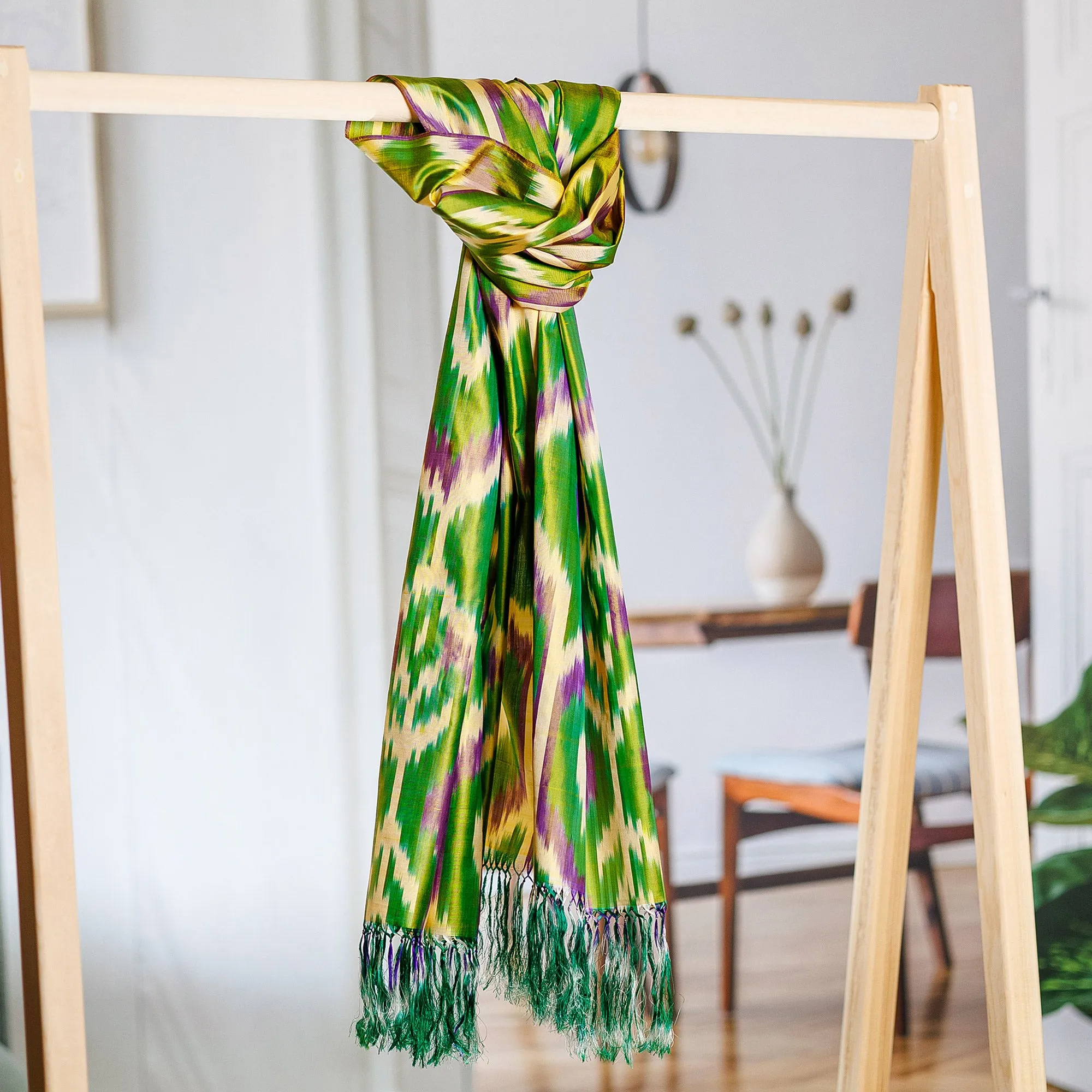 Handwoven Traditional Geometric Green and Yellow Silk Scarf - Forest Oasis | NOVICA