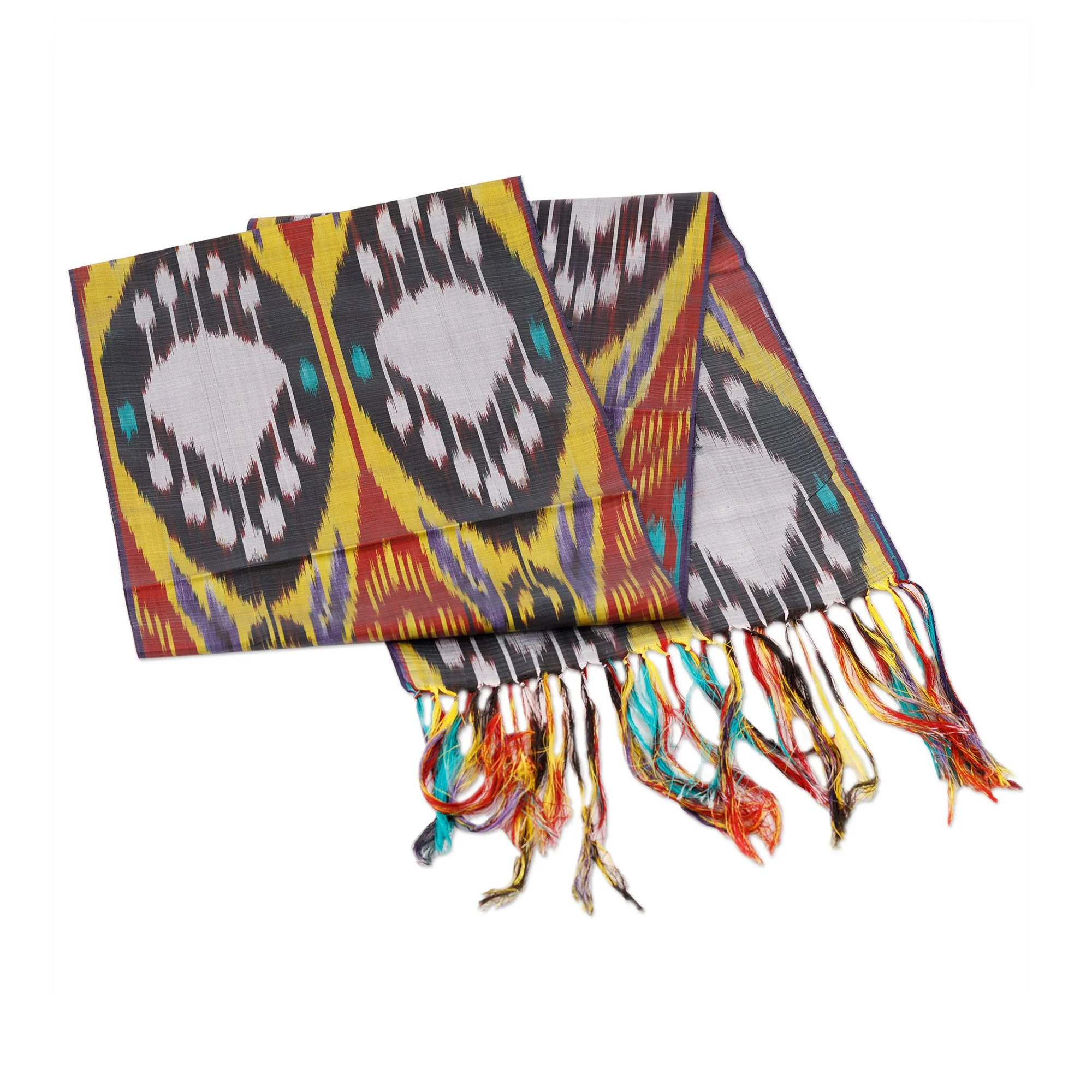 Handwoven Traditional Silk Scarf in Yellow and Red Hues - Yellow Samarkand Renaissance | NOVICA