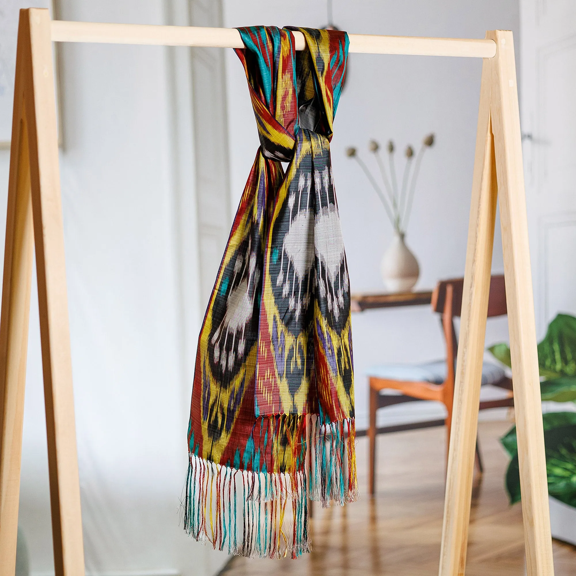 Handwoven Traditional Silk Scarf in Yellow and Red Hues - Yellow Samarkand Renaissance | NOVICA