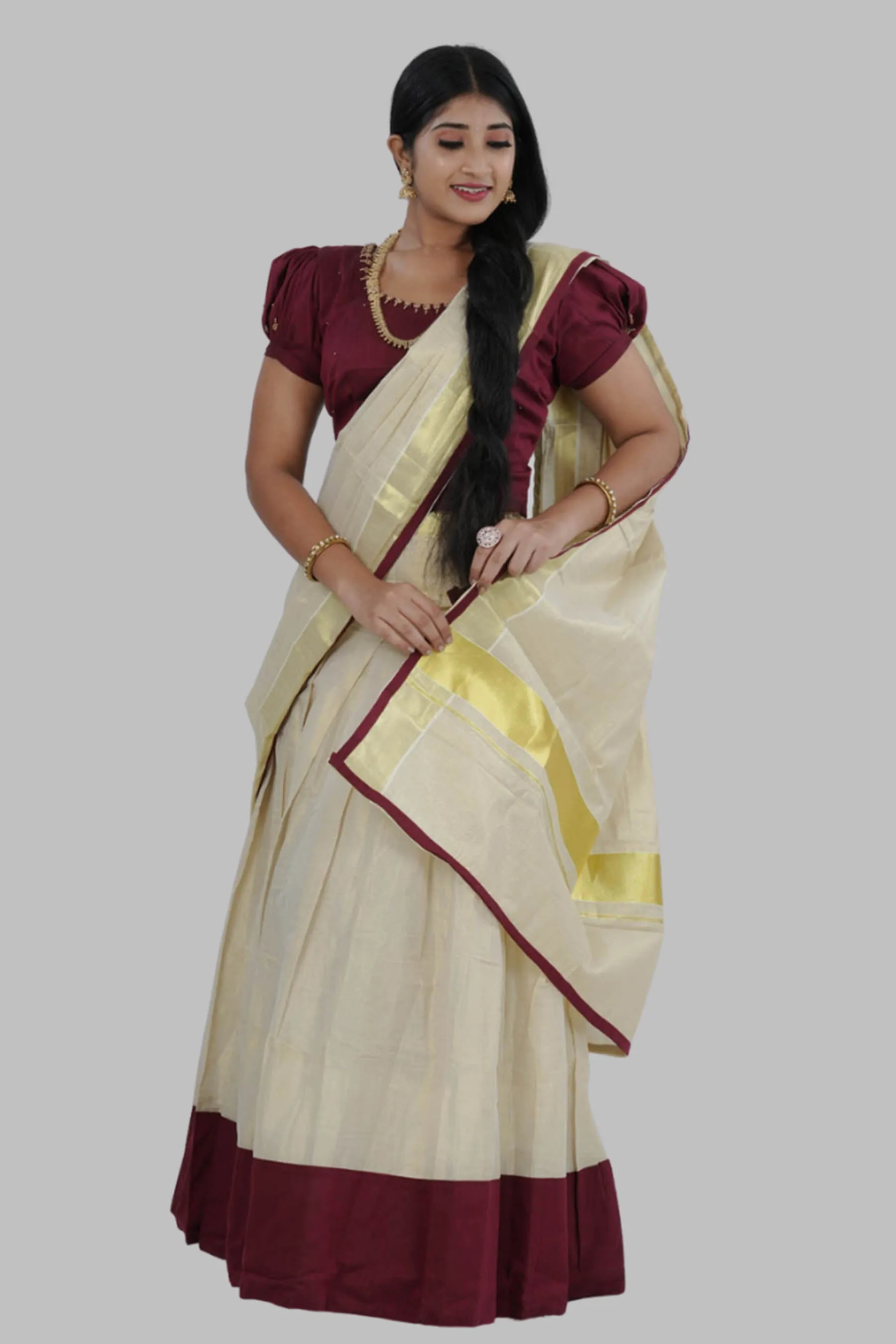 High-quality Kerala Cotton Lehenga Set in Golden Tissue fabric