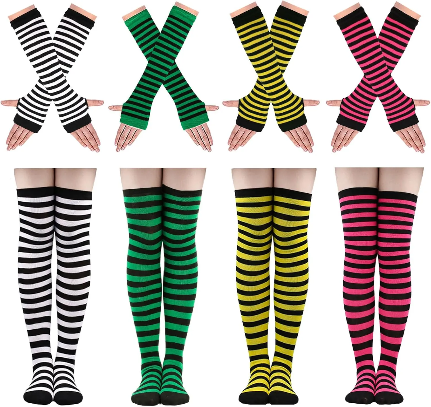 Ibeauti 8 Pcs Womens Striped Knee High Socks Stockings Y2K Goth Knitted Long Arm Warmer Fingerless Gloves Set