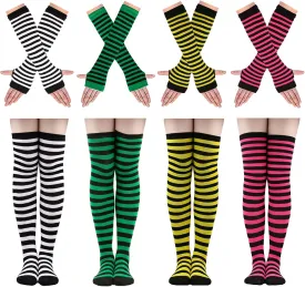 Ibeauti 8 Pcs Womens Striped Knee High Socks Stockings Y2K Goth Knitted Long Arm Warmer Fingerless Gloves Set