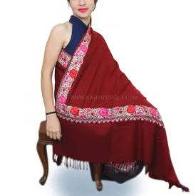 Isolate Maroon Kashmiri Aari Work Stole Enriched With Foursided Floral Pattern