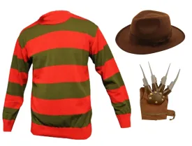 Kids Freddy Style Costume Set: Red Green Striped Jumper, Explorer Hat, and Claw Hand Glove