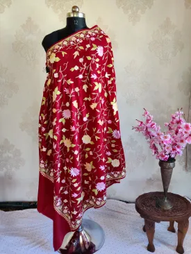 Maroon Aari-Floral Embroidered Merino Wool Scarf