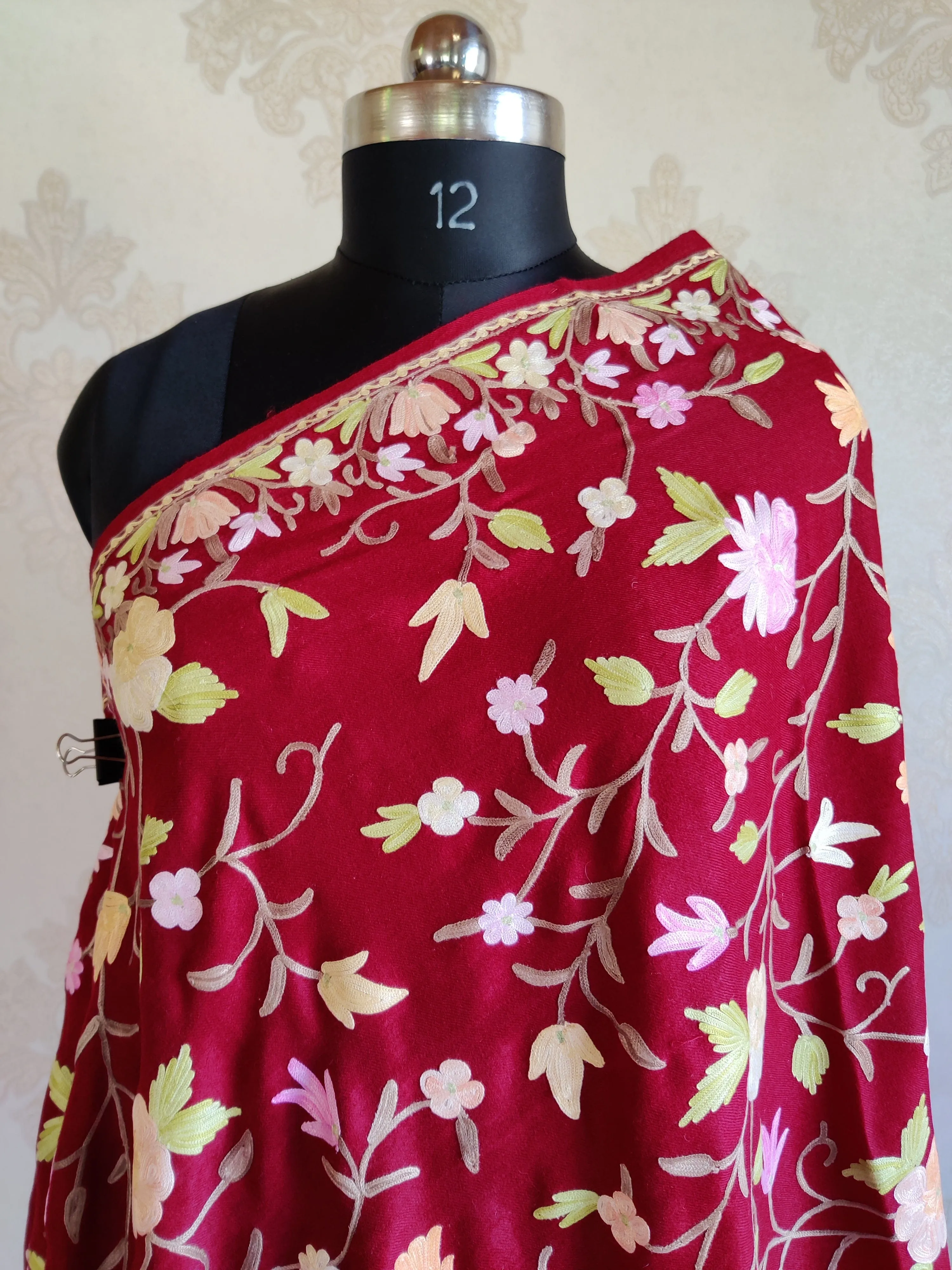 Maroon Aari-Floral Embroidered Merino Wool Scarf