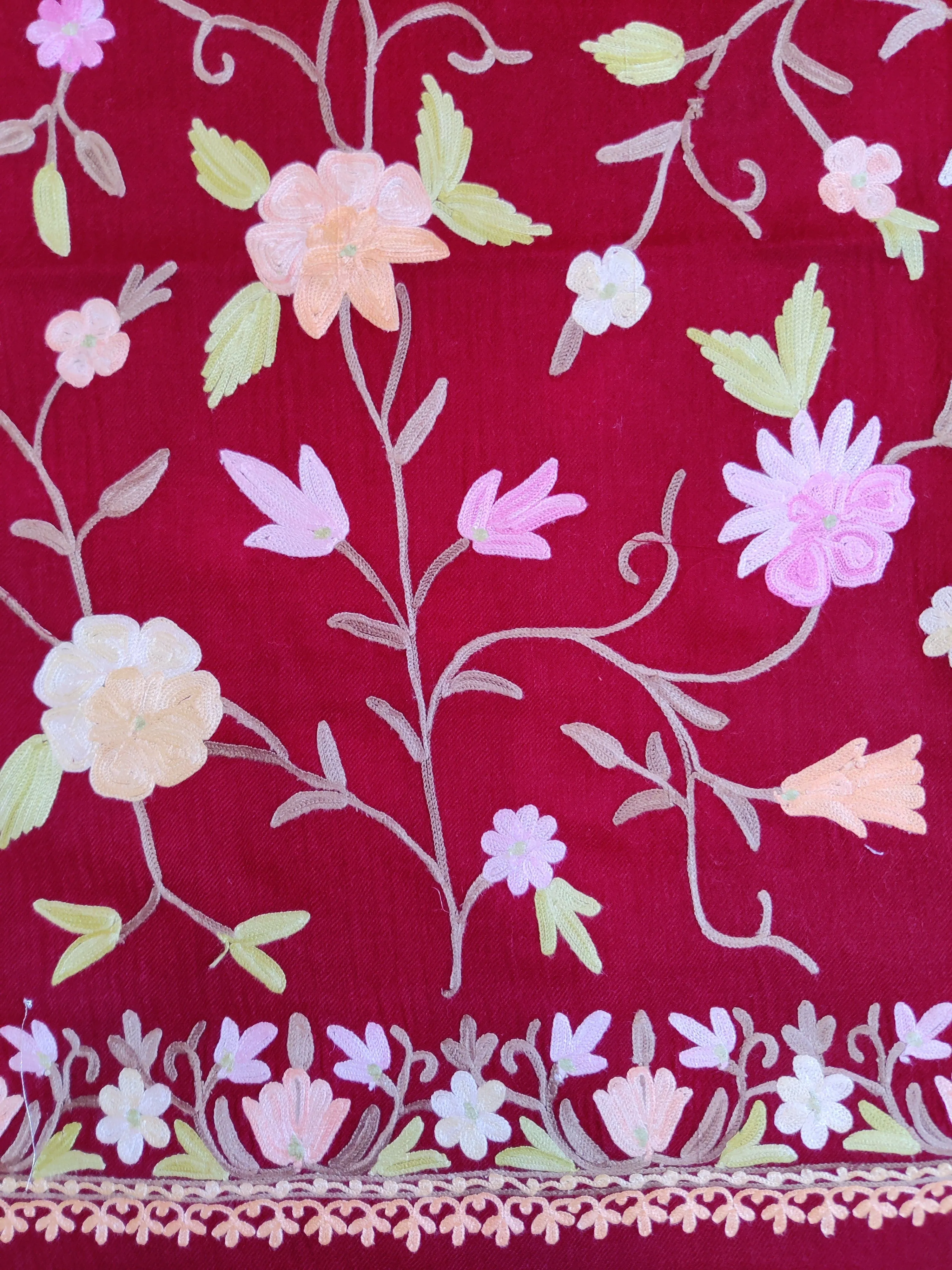 Maroon Aari-Floral Embroidered Merino Wool Scarf