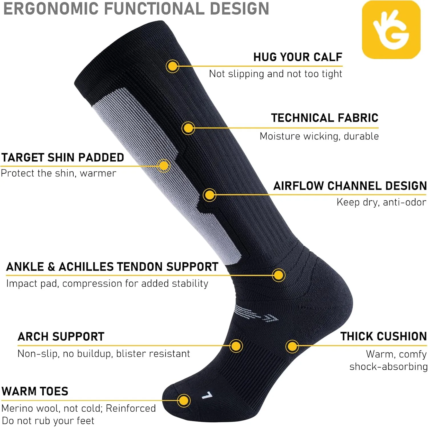 Merino Wool Ski Socks 3 Pack for Skiing, Snowboarding, Winter Thermal