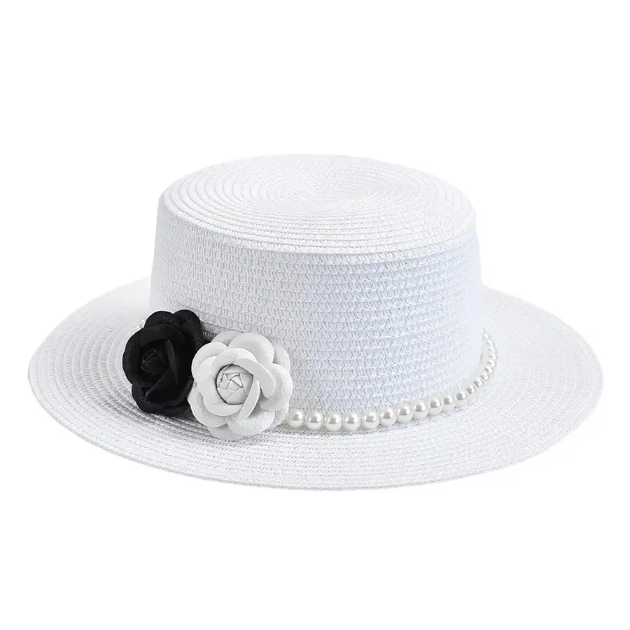 Pearls & Roses Summer Raffia Boater Hat