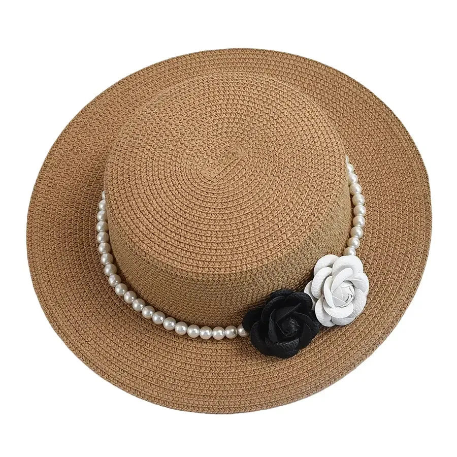 Pearls & Roses Summer Raffia Boater Hat