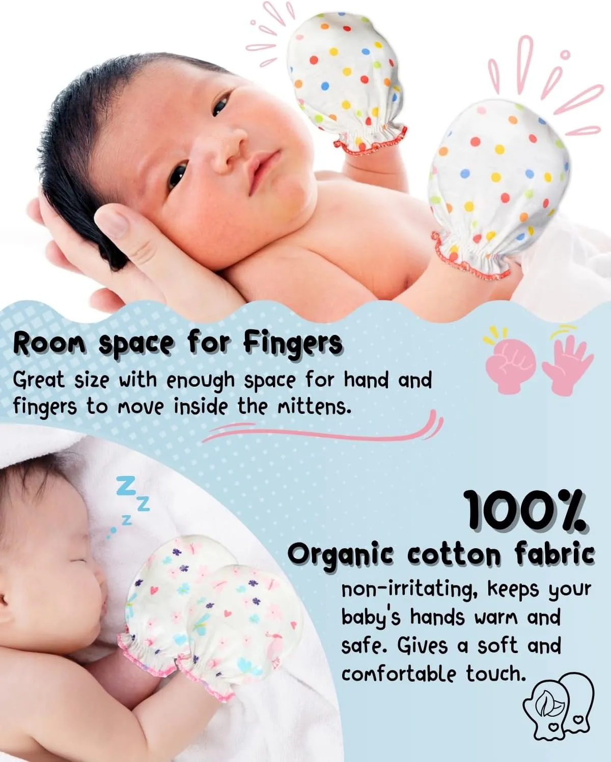 RATIVE No Scratch Mittens and Caps 100% Cotton for Newborn Baby 0-6 Months Boys Girls