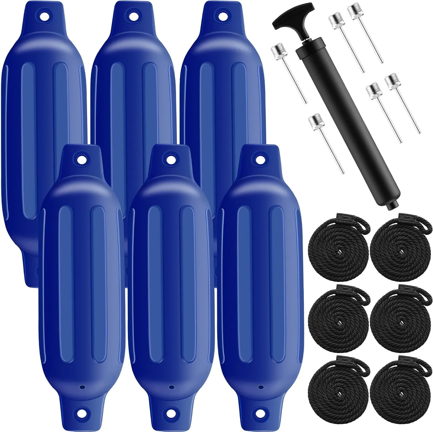 Sratte 6 Pack Boat Fenders, 4.5 x 16 Inch Boat Bumpers Fenders, Ribbed Twin Eyes Boat Fenders Bumpers for Docking, Inflatable Marine Boat Bumper Use to Yacht Etc with 6 Ropes 1 Air Pump 6 Needles