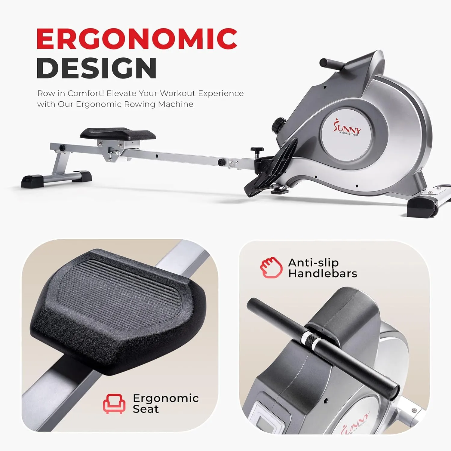 Sunny Health & Fitness Flip & Foldable Rowing Machine for Home w/Extended Slide Rail, Full-Body Workout, Low-Impact, Optional Extra Long Rail, Quiet Rail Cover, Water Motion and Free SunnyFit App