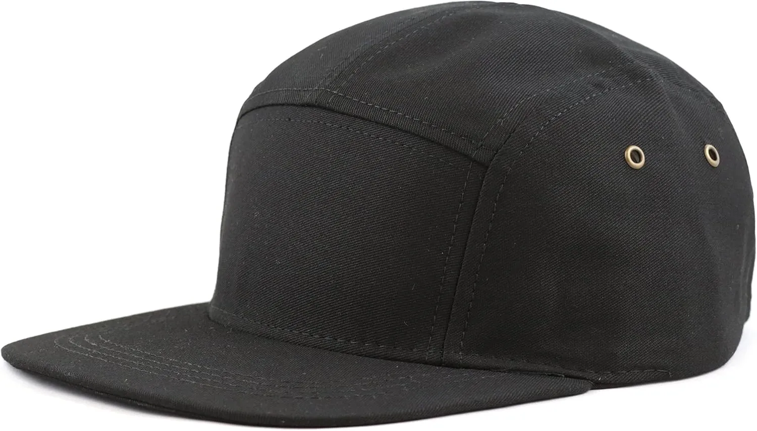 The Hat Depot Made in USA Cotton Twill 5 Panel Flat Brim Genuine Leather Brass Biker Board Cap