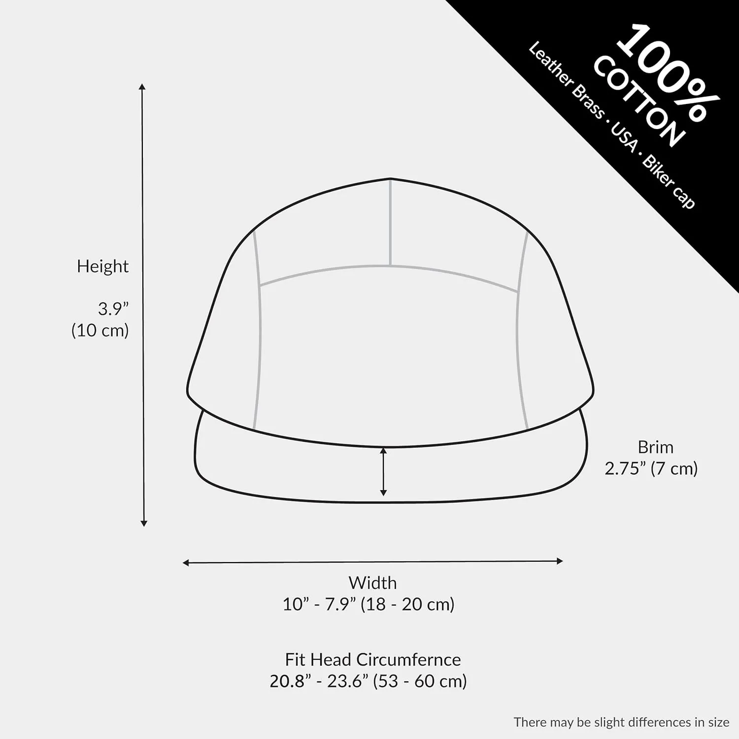 The Hat Depot Made in USA Cotton Twill 5 Panel Flat Brim Genuine Leather Brass Biker Board Cap