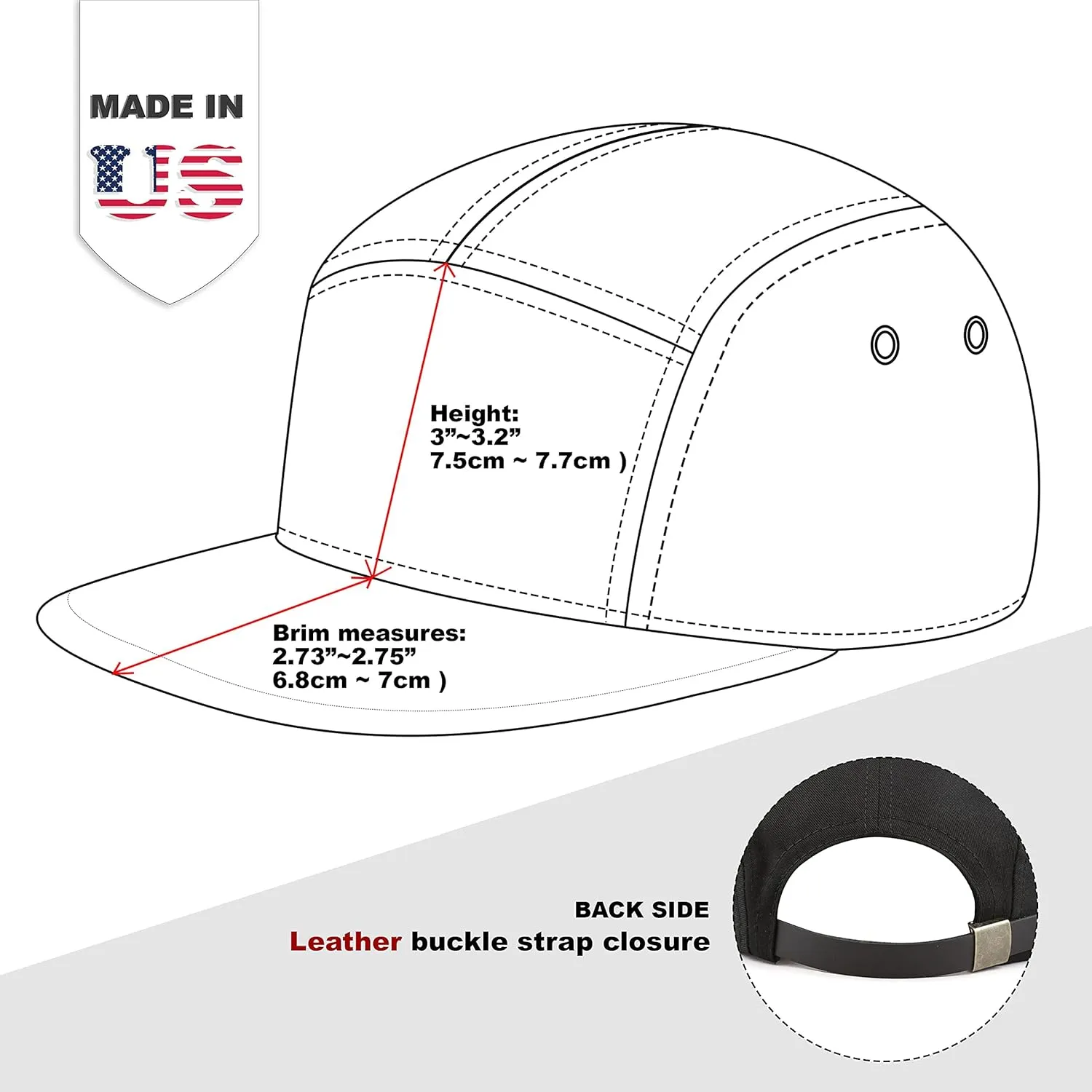 The Hat Depot Made in USA Cotton Twill 5 Panel Flat Brim Genuine Leather Brass Biker Board Cap