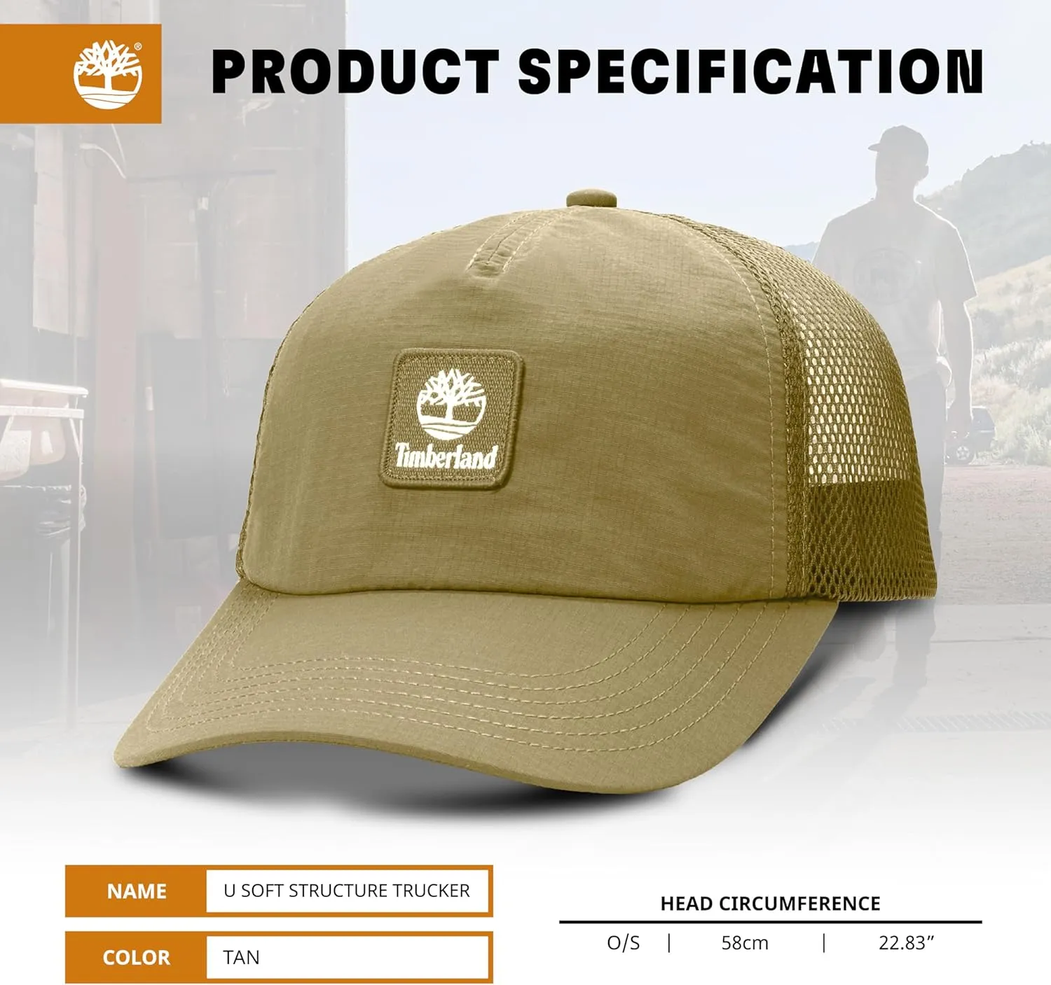 Timberland Trucker Hat, Soft Structured Baseball Cap, Adjustable Mesh Back, Curved Brim, Breathable & Lightweight  One Size
