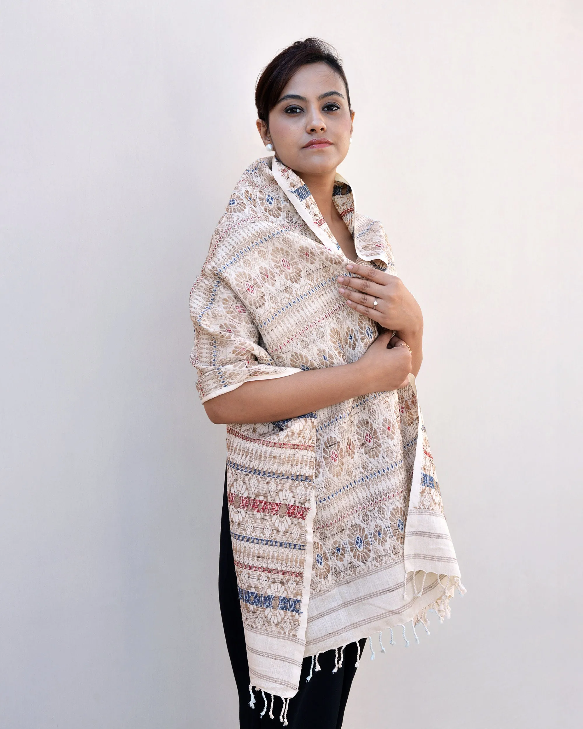 Tribal Tusker - Pure Eri Silk Stole with Blue and Red Muga Patterns