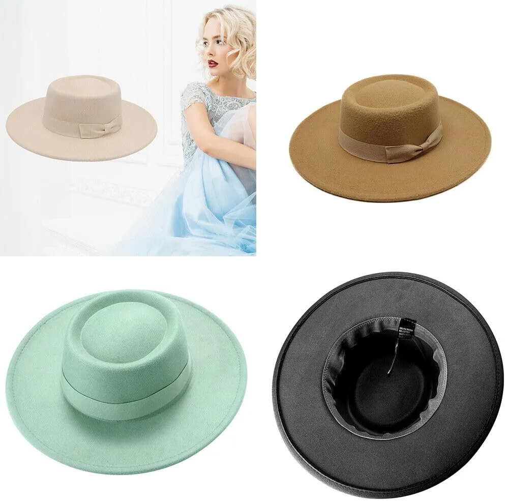 US Women Ladies Elegant Bow Fedora Wide Brim Felt Panama Retro Church Derby Top