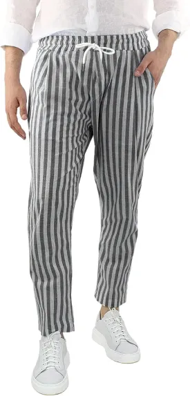WABEOR Striped Pants for Men Cotton Linen Loose Fit Straight Trousers Breathable Casual Elastic Waist Drawstring Lounge Pants
