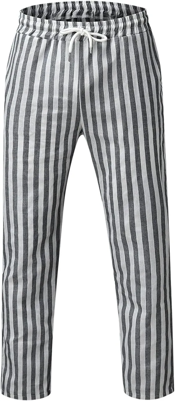 WABEOR Striped Pants for Men Cotton Linen Loose Fit Straight Trousers Breathable Casual Elastic Waist Drawstring Lounge Pants